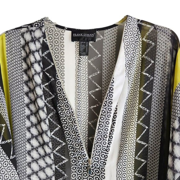 Frank Lyman Sheer Tunic Blouse | US 14 | Black White Lime Half Zip - Picture 2 of 10